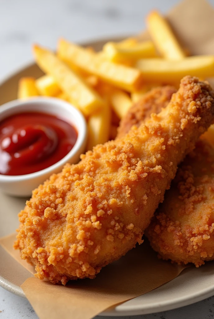 Crispy breaded chicken drumsticks with fries and ketchup