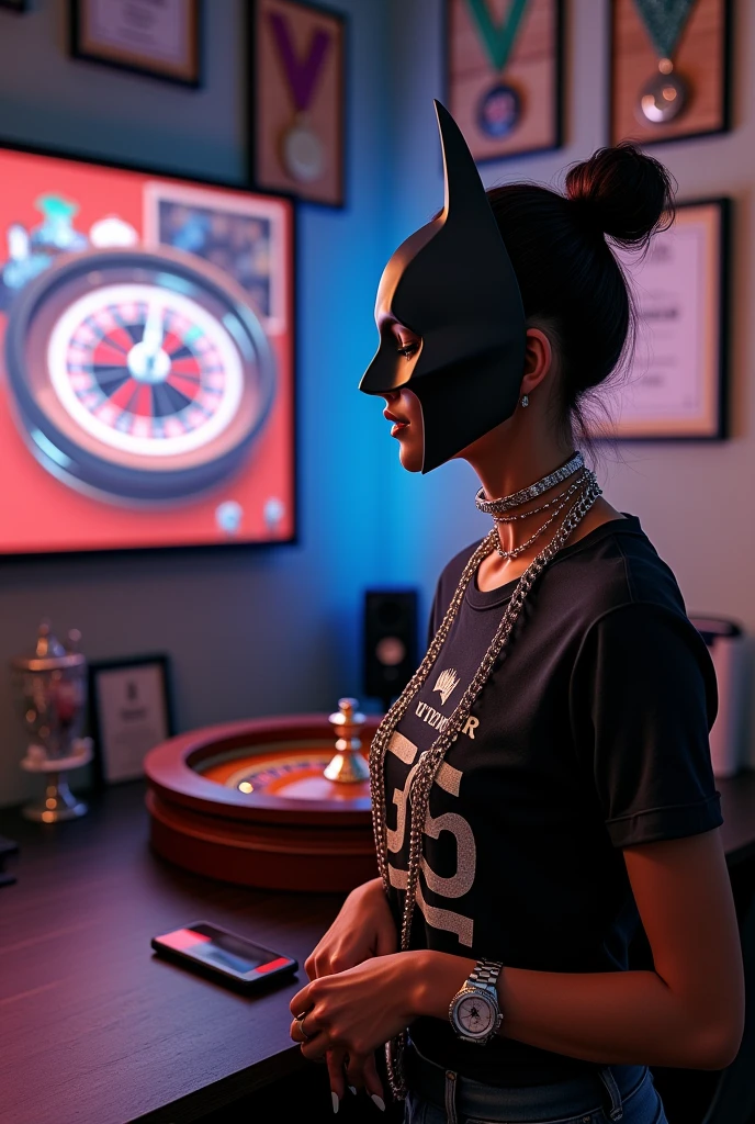 A personalized room with medals, roulette frame, roulette course certificate on the wall and a projector projecting the roulette game in the center of the room ,  women without army vest t-shirt with roller print, diamond chains and Rolex on the wrist, Batman Mask, with the roller print and Batman masks looking at the screen 