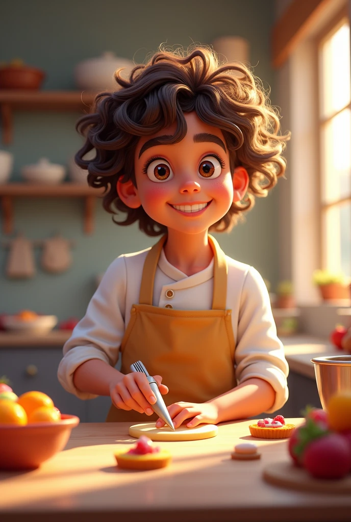 Young pastry chef with curly hair