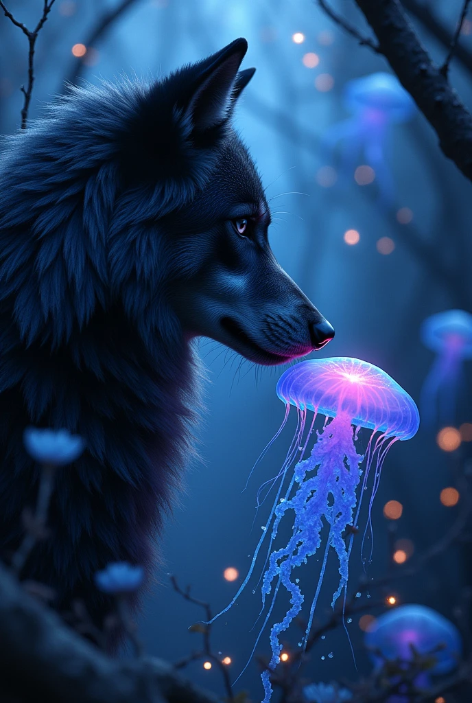 Dark wolf and blue and purple jellyfish, romance, magie, lights, darkness background, 品質