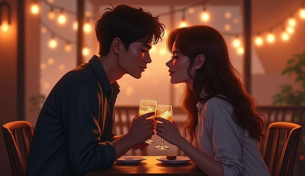 lover , sweetheart , Male and female , Drink water from the same glass, same straw. , Cafe , Sit close together , We accidentally met each other's eyes.