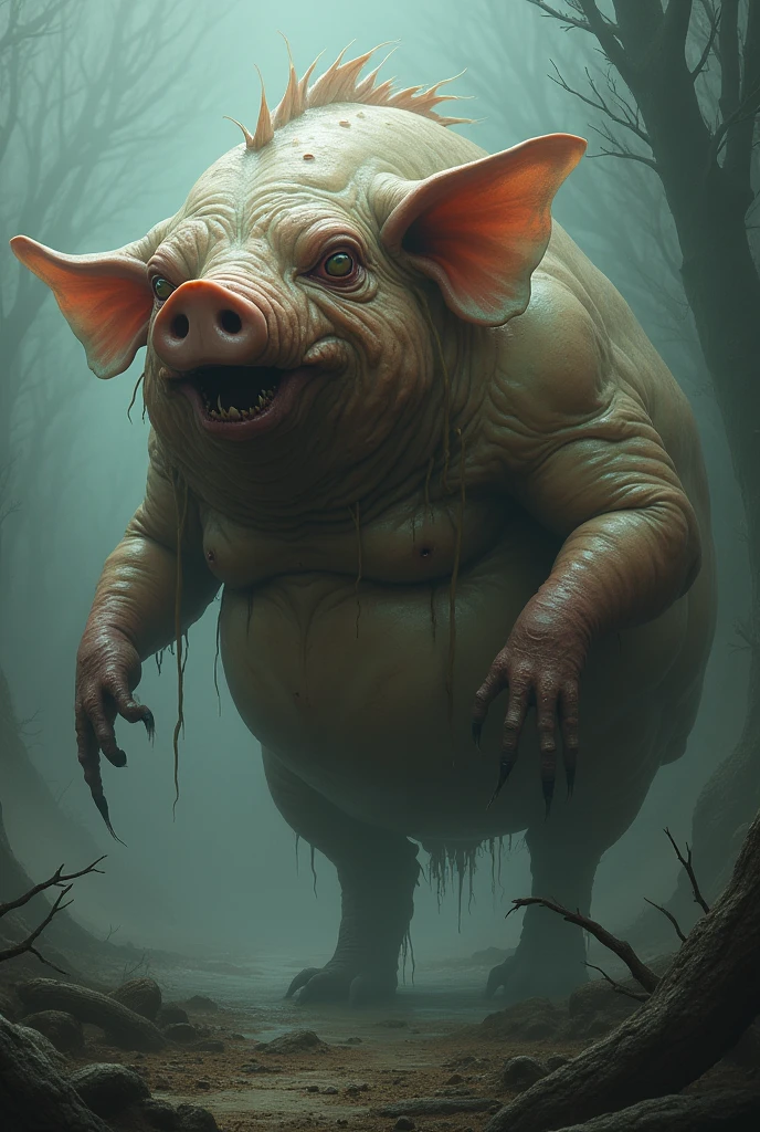 mythical creature, mixture of blobfish and pig, dark fantasy, Full body view