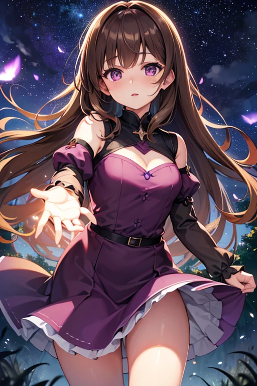 Beautiful girl, lightBrown hair, dark purple eyes, Short dress with puff sleeves, standing in the forest, surrounded by fireflies under the starry sky, looking ahead at viewer 