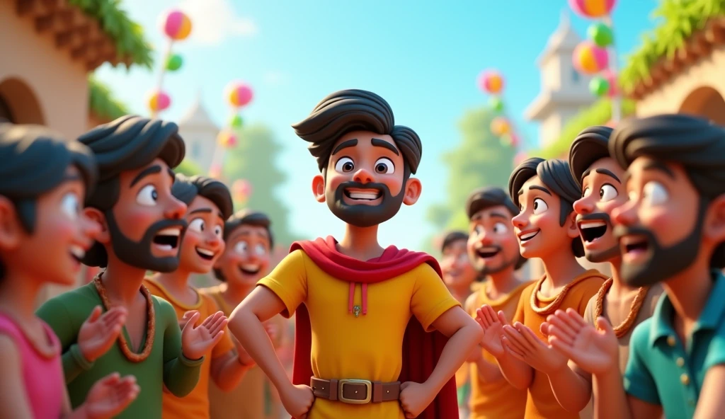 Generate 3d, Cinematic, vibrant Cartoon image.The villagers are happy with Suraj’s bravery and cleverness.
