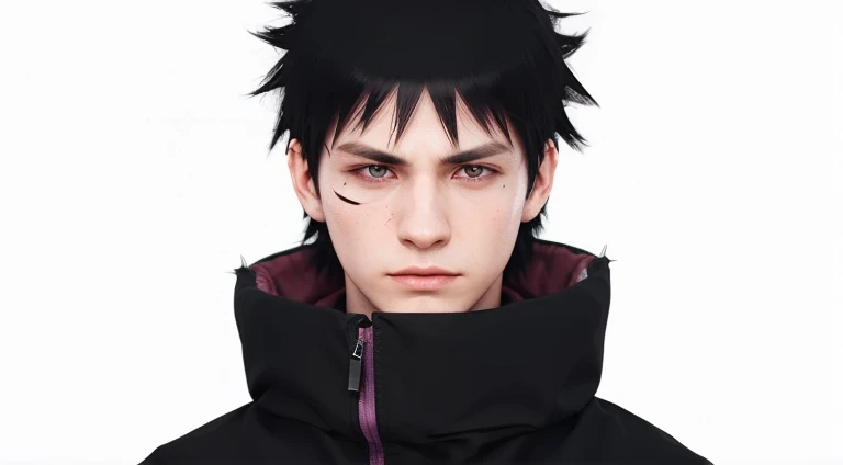 young man, pale skin, black spiky hair, black eyes, big lips, purple cape, realism, 3d, right eye scar, black gloves, obito uchiha, 3d
