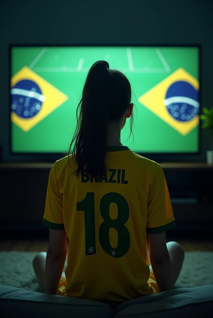 An 18-year-old girl is watching a Brazil game on TV in a dark room with a Brazil jersey on the back of the jersey and two Brazilian flags on either side of the TV.