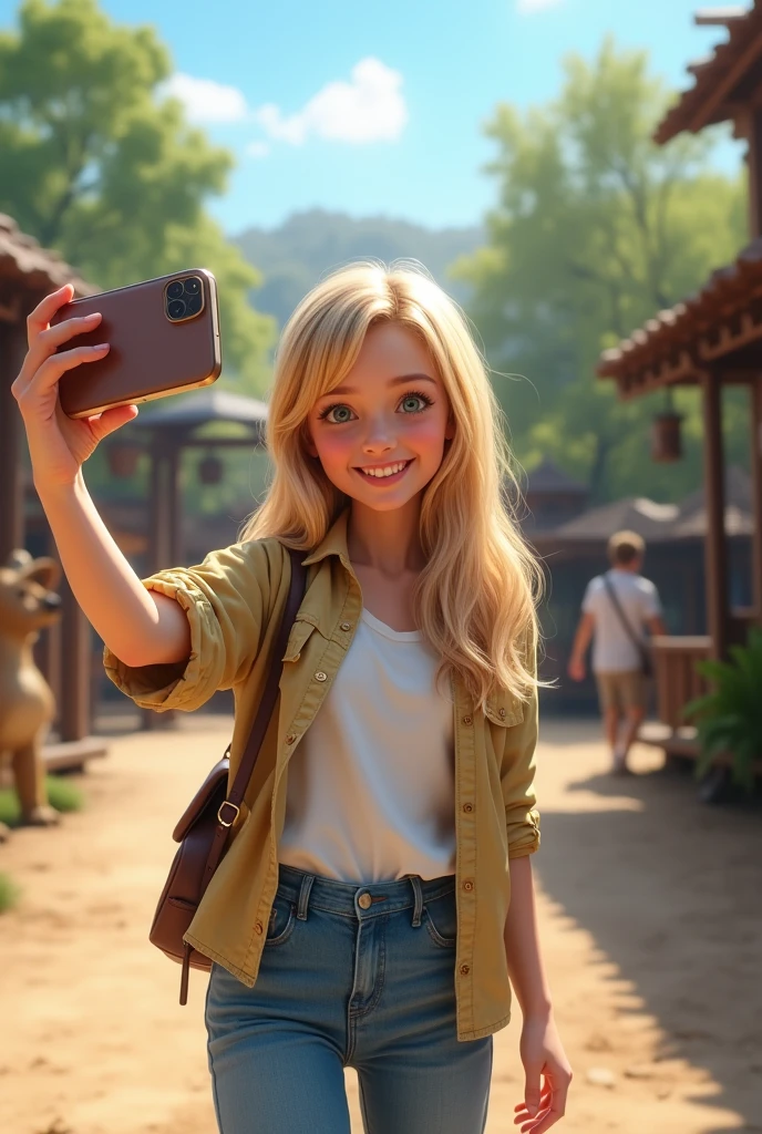 Girl taking selfie, blonde, there is a zoo in the background, Amateur photo