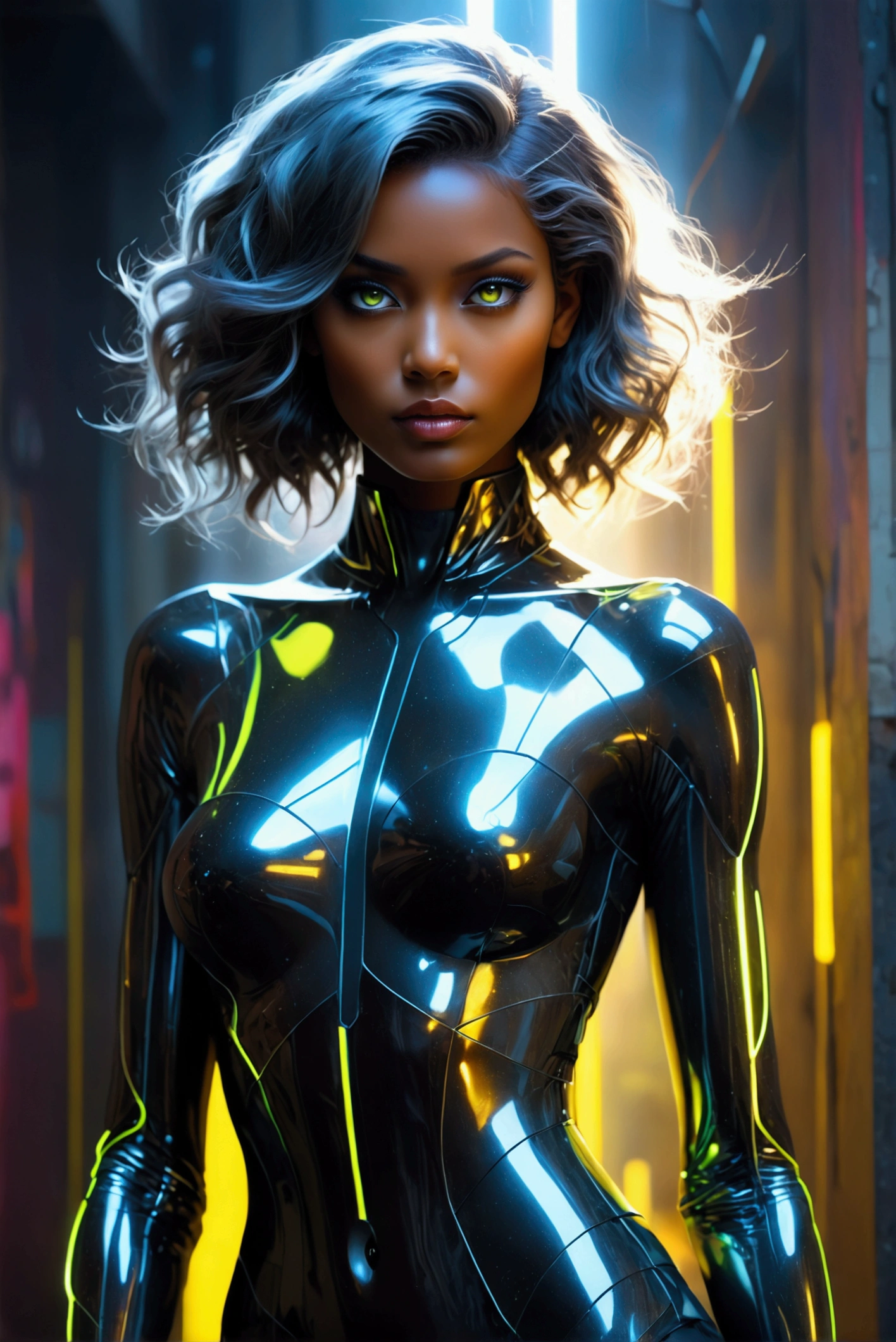 A stunning hyperrealistic image of a full-length body, in the style of Ilya Kuvshinov together with Leonardo da Vinci, a black and silver android woman with a body like glass, the transparency of the body, on which bright neon colors shimmer. The android has artfully applied black neon makeup and mesmerizing bright yellow neon eyes. The background is made in dark gray, which allows you to really highlight the bright colors of Android. The overall effect is striking, futuristic and super detailed, which creates an exciting visual experience., bright, graffiti, dark fantasy, lightning background, bright neon flashes