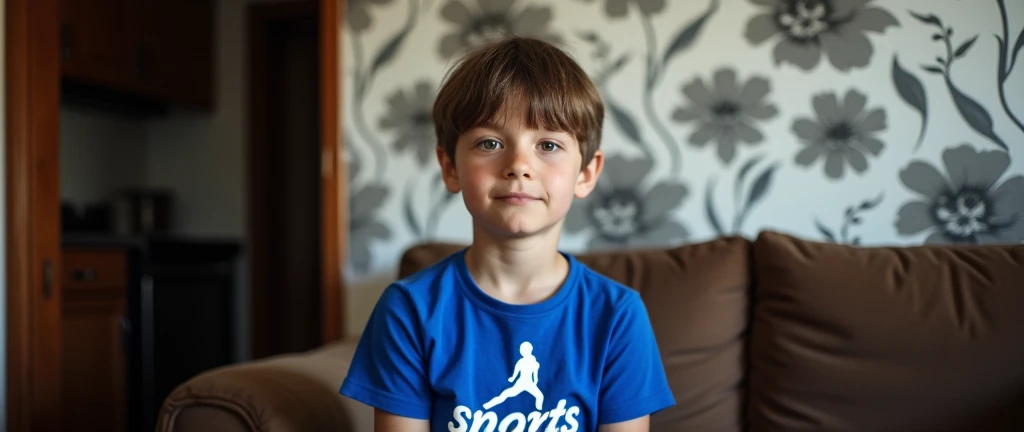 A portrait photograph of a young boy with light skin and short, slightly disheveled brown hair with straight bangs framing his face. He has large, prominent ears and is facing directly towards the camera with a neutral expression. The boy is seated on a brown upholstered couch with a dark brown frame, which is partially visible in the midground. He is wearing a royal blue short-sleeved T-shirt with a white graphic print of a person's silhouette, likely representing a sports figure, and the word 'Sports' in white cursive script below it. The background features floral wallpaper with large gray flowers and black vines on a white background, creating a subtle contrast to the subject. To the left, there is a partially open wooden door revealing a dimly lit room with a dark brown wooden cabinet with two closed doors and a refrigerator. The lighting is soft and natural, creating an even illumination across the subject's face and upper body without harsh shadows. The photograph is taken from a front angle, slightly to the left of the subject, with a shallow depth of field that keeps the focus on the boy while softly blurring the background elements. The overall mood of the image is neutral and casual, capturing a moment of stillness in what appears to be a domestic setting.