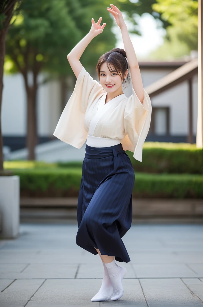 Photo-realistic quality、A 20-year-old woman is wearing a kimono and dancing the Awa Odori dance., Traditional Japanese, Detailed and beautiful eyes、Cute smile、A soft and gentle look、White tabi socks、Black wooden clogs、Awaodori