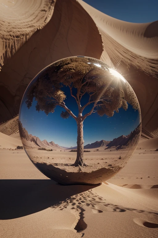 A scratched image of a tree inside a crystal ball in a desert landscape, tree of life inside the ball, surreal digital artwork, Surrealism 8k, surreal digital art, surreal art, surreal 3 d render, 3d rendering digital art, Marcos Adams, Surreal conceptual art, 3D rendering beep, Stylized digital art, 4 k surrealism