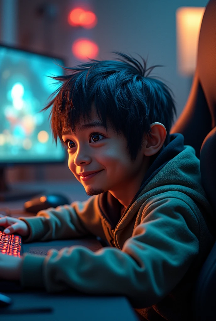 (masterpiece, best quality), (Complex lighting), 1 boy, Solitary, Wukong , black eyes, Smile, Sit in front and play games, background in the esports room,(Sulfur storage),(Goatee and gray hair),