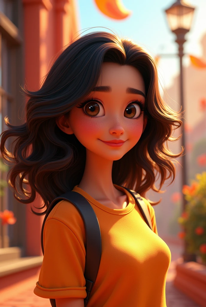 Create a Disney Pixar style character, a 19 year old girl, Bullish, black, wavy hair half curly, long black half brown, eyes the black ones, slightly plump lips, evangelical