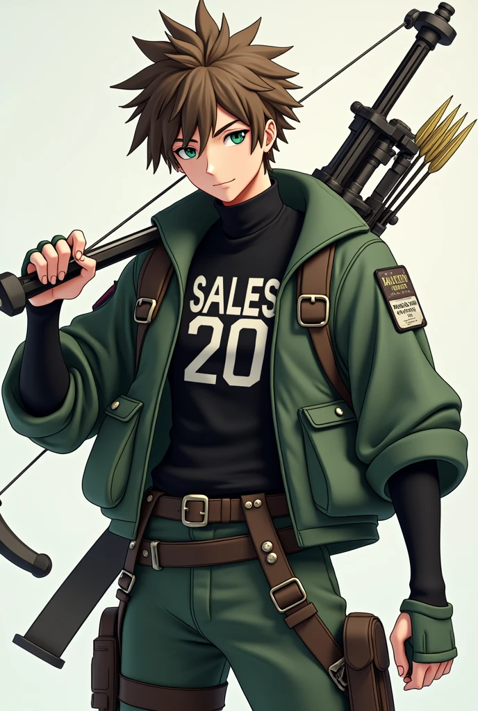 Anime theme brown color green military type hair black turtleneck shirt with the name SALES 20 in capital letters and a hunter style bow and arrow 3D male character
