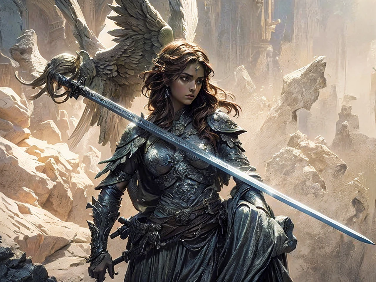 A stone angel statue holding a sword, a brown-haired woman holding a sword, highly detailed, photorealistic, 8k, hyper-realistic, dramatic lighting, epic fantasy, dark moody color palette, ornate intricate details, cinematic composition, heroic, dramatic, powerful, segurando uma rapieira