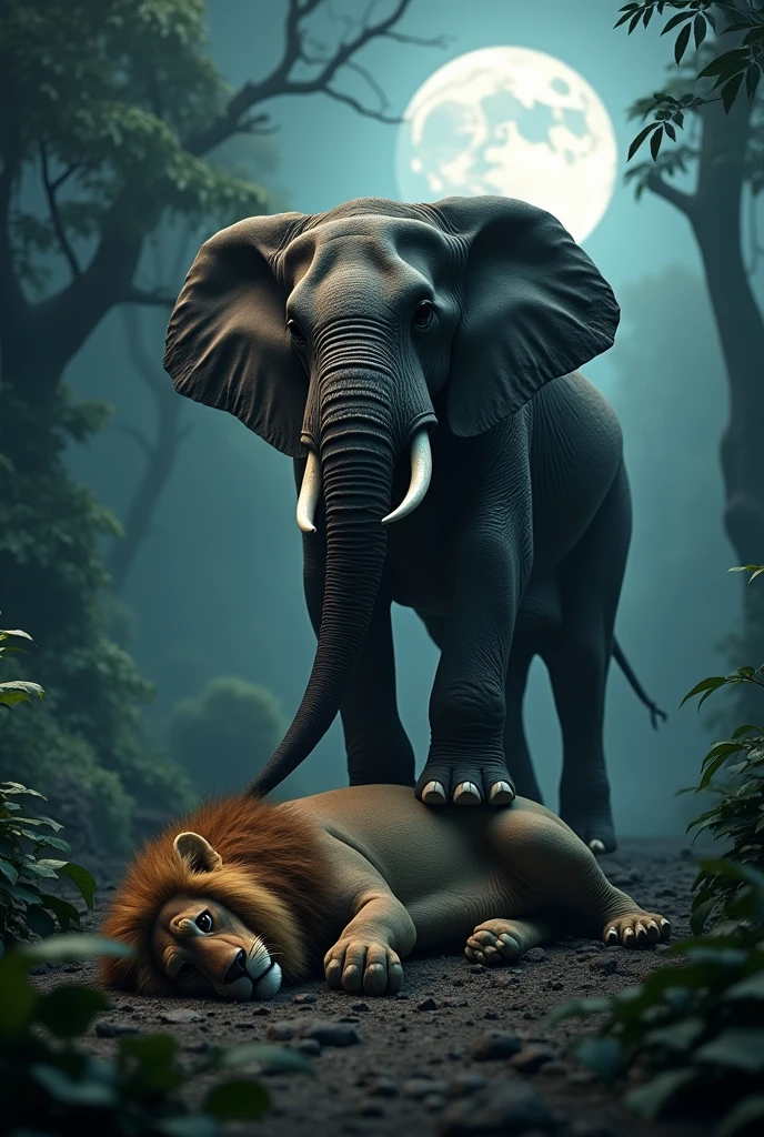In a moonlit jungle, a lion lies dead on its back with its legs spread open. An elephant stands with one foot on the lion’s stomach and the other foot behind the lion. Both of their faces are facing forward.
