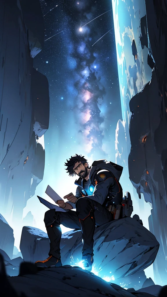 Draw a young programmer, sitting on a research platform floating in the middle of an asteroid belt. He is studying with a notebook, surrounded by several asteroids glowing with fiery auras. Dramatic lighting from distant stars and planets illuminates the scene, casting deep shadows on the suit. The young man looks confident and determined, looking at the vast and mysterious universe with wonder and respect,facial hair, cowboy shot,