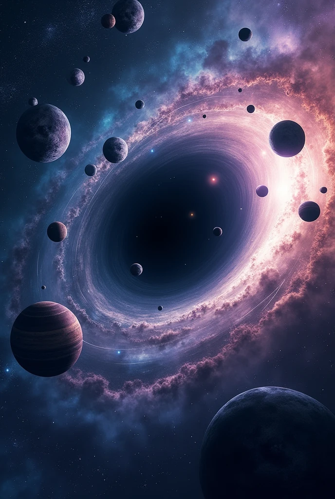 Super massive black hole surrounded by planets and stars orbiting it and a buteful space background with many galaxies. Black,blue, purple,colour to be used
