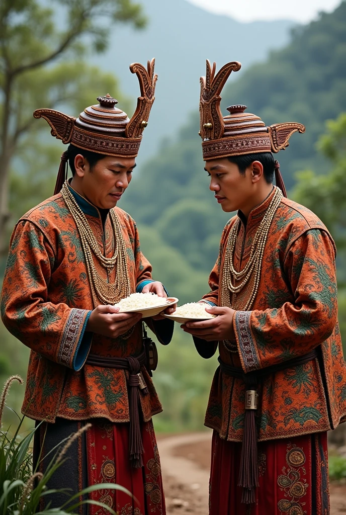 2 men dressing Burmese Chin State Zomi Traditional Dress with eating Sticky Rice