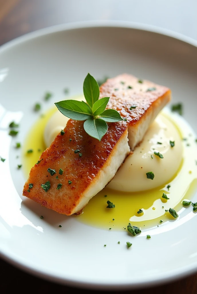 Fish with crispy fish skin with potato cream and herb oil without that green leaf and with crispy fish skin