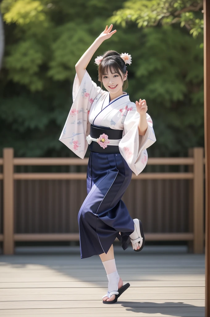 Photo-realistic quality、A 20-year-old woman is wearing a kimono and dancing the Awa Odori dance., Traditional Japanese, Detailed and beautiful eyes、Cute smile、A soft and gentle look、White tabi socks、Black wooden clogs、Awaodori