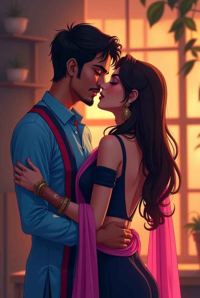 make indian anime couple sex scene :ladke ne blue shirt penna Hai jispe red aur blue color ki lines Hai aur ladki ne backless, long and black Indian kurta aur left kandhe pe pink dupatta penna Hai jispe beautiful design he. Ladke ne ladki ko kamar se tightly pakda hua hai. Dono ek dusre se chipke hue hai. Dono ek dusre ko lip kiss kar rahe hai aur dono ke lips ek dusre se touch kar rahe hai. Dono full romantic aur sex karne ke mood me hai. Dono ek dusre ke sath hot sex Kar rahe hai aur bohot enjoy kar rahe hai.