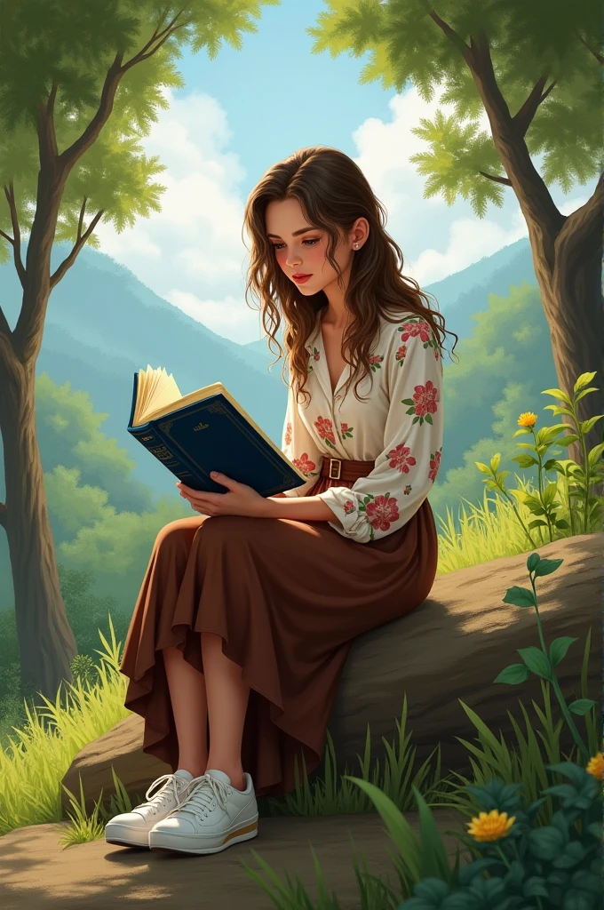 Create a brunette girl with highlighted hair, long brown skirt, White sneakers, waist belt, Rose long sleeve blouse, sitting on a rock, in a forest, with beautiful landscape, she is reading dark blue book, the book of mormon