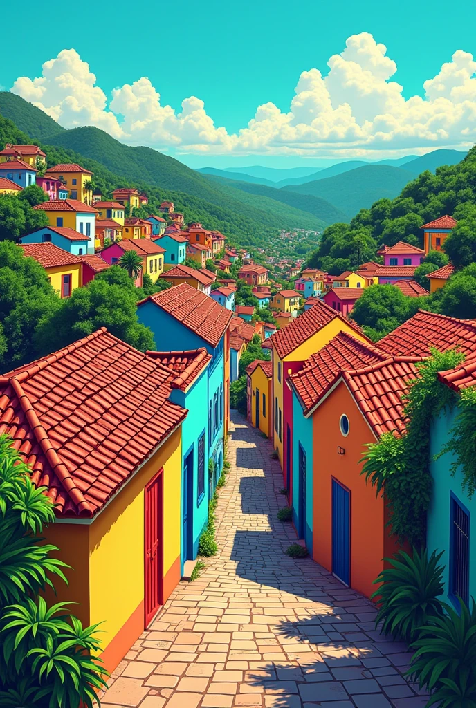 colorful and non-realistic drawing that refers to the city of Olinda PE without people, just cartoon-style landscapes