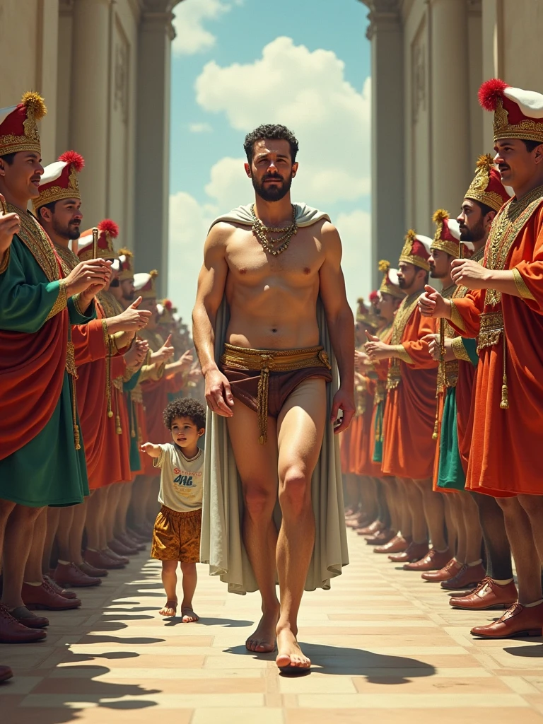 Create an image of a regal figure walking confidently down a parade route, dressed in absurdly minimal clothing that leaves him embarrassingly exposed. Behind him, a procession of royal attendants and musicians follow, all smiling and cheering, while a child points out the king's lack of attire, standing out in the crowd with a look of innocent truth.