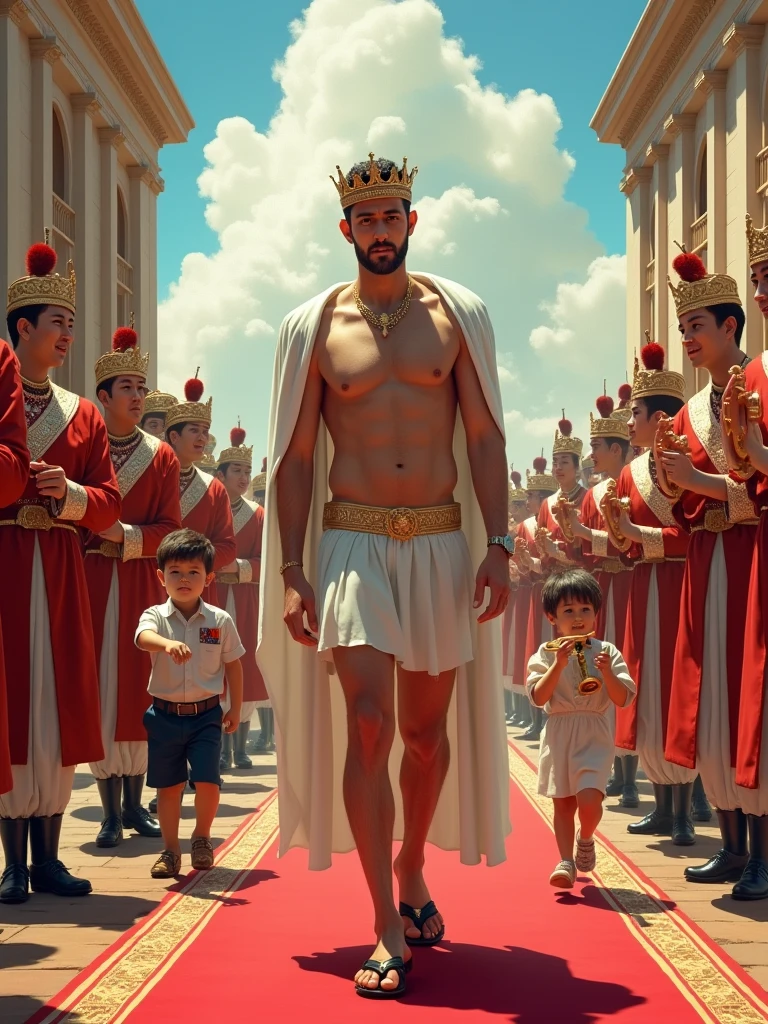 Create an image of a regal figure walking confidently down a parade route, dressed in absurdly minimal clothing that leaves him embarrassingly exposed. Behind him, a procession of royal attendants and musicians follow, all smiling and cheering, while a child points out the king's lack of attire, standing out in the crowd with a look of innocent truth.