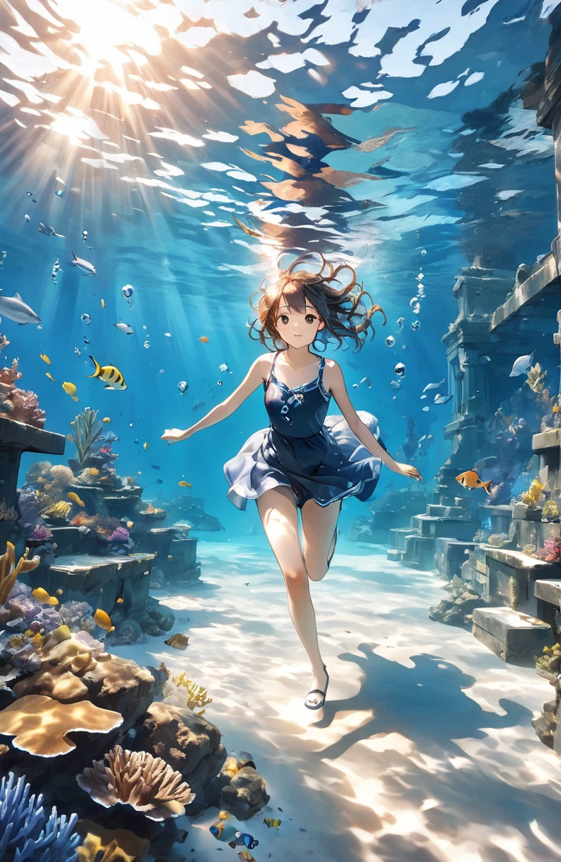 Beautiful girl、Mystical Feelings、cute17of age、Underwater walking,Underwater Walking、Underwater swimming、超High resolution, High resolution, 4K, 8k,close,Sunken Ruins、Girl in the water、water、surrounded by bubbles、A world of deep blue、 Working with deep blue shades