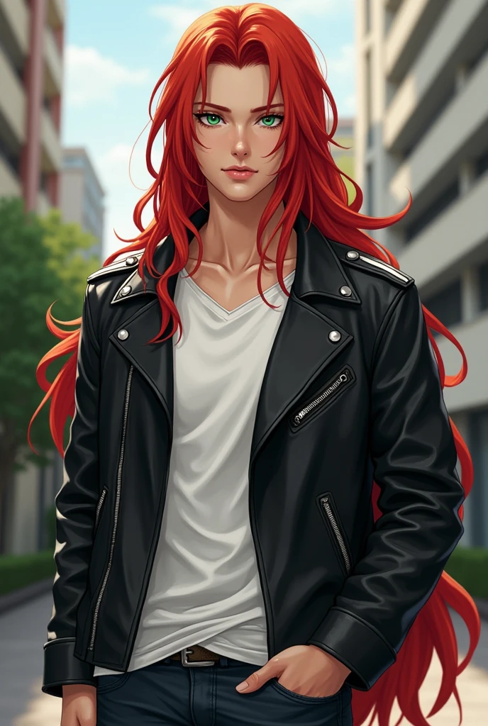 Imagine Kurama as a 20 year old, with long red hair that falls softly over her shoulders. His eyes are an intense green, reflecting his intelligence and serenity. He wears a black leather jacket that he pairs with a simple white t-shirt and dark jeans., giving a modern and urban look. Kurama has a calm aura, but at the same time powerful, that attracts the attention of the people around you.