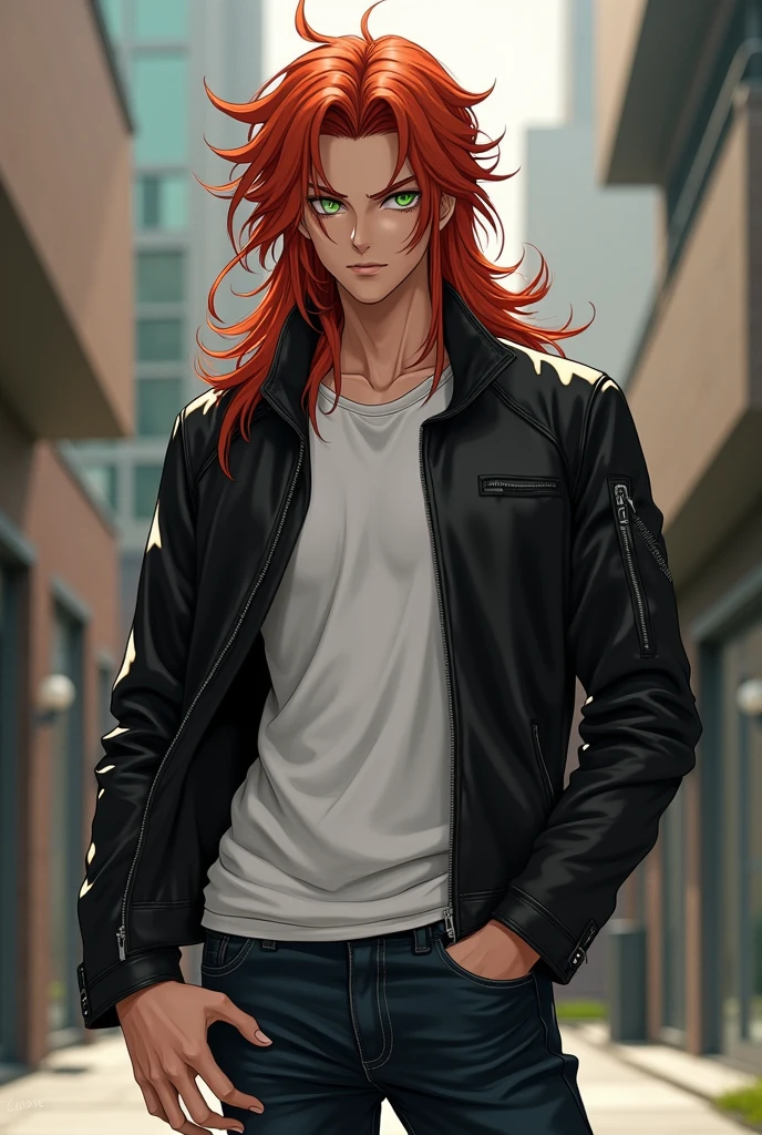 Imagine Kurama as a 20 year old, with long red hair that falls softly over her shoulders. His eyes are an intense green, reflecting his intelligence and serenity. He wears a black leather jacket that he pairs with a simple white t-shirt and dark jeans., giving a modern and urban look. Kurama has a calm aura, but at the same time powerful, that attracts the attention of the people around you.