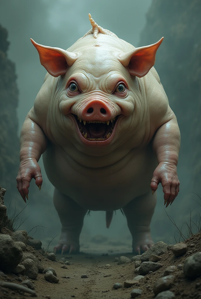 mythical creature, mixture of blobfish and pig, dark fantasy, Full body view
