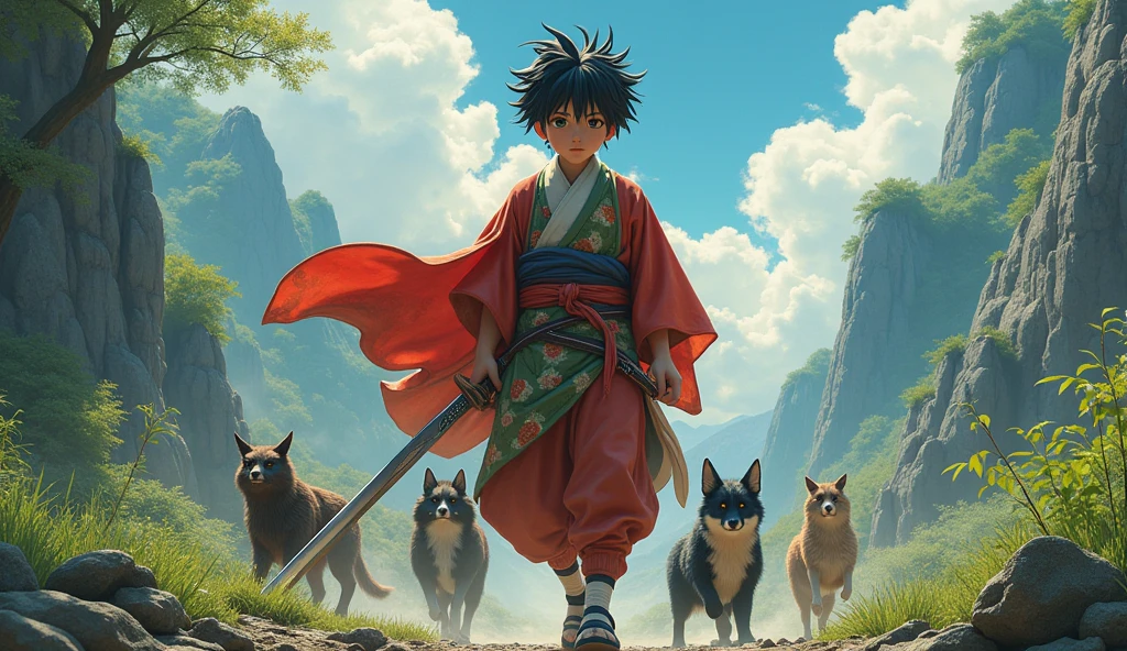 (best quality, masterpiece, ultra detailed, ultra high res, photorealistic, raw photo, absurdres, absolutely resolution), His name is Momotaro、Let&#39;s go exterminate demons、Rock &#39;n&#39; roll