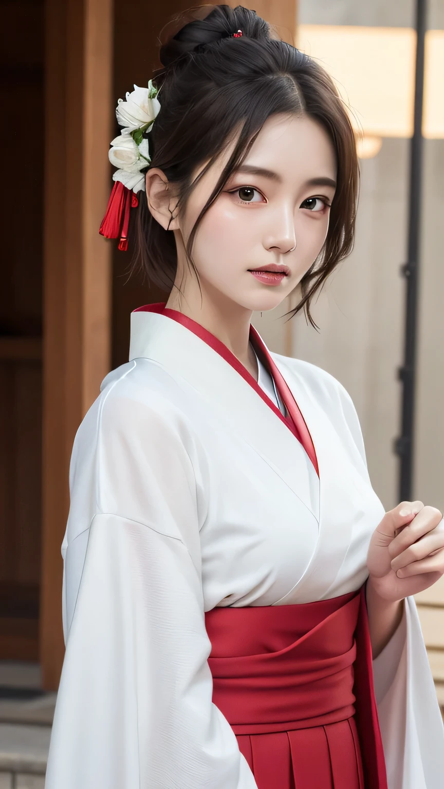 short hair、(Photo realistic:1.4)、(Surreal:1.4)、(Realistic:1.3)、 (Gentle lighting: 1.05)、(Improve the lighting quality of the video:0.9)、32K ...、 One person、20-year-old girl、Photorealistic Lighting、Backlight、Facial Light、Ray-tracing、(bright:1.2)、(Improvement of quality:1.4)、 (Highest Quality Real Texture Skins)、Beautiful Eyes,Delicate and elegant face、 (Tired, sleepy and satisfied : 0.0), Face close-up, White kimono、Red long skirt、Shrine maiden costume : 1.3, ((Closing the collar of a kimono)), Glowing Skin、Korean Idol、Nogizaka Idol、Burning idol pose、Beautiful actress、A proper woman、 whole body