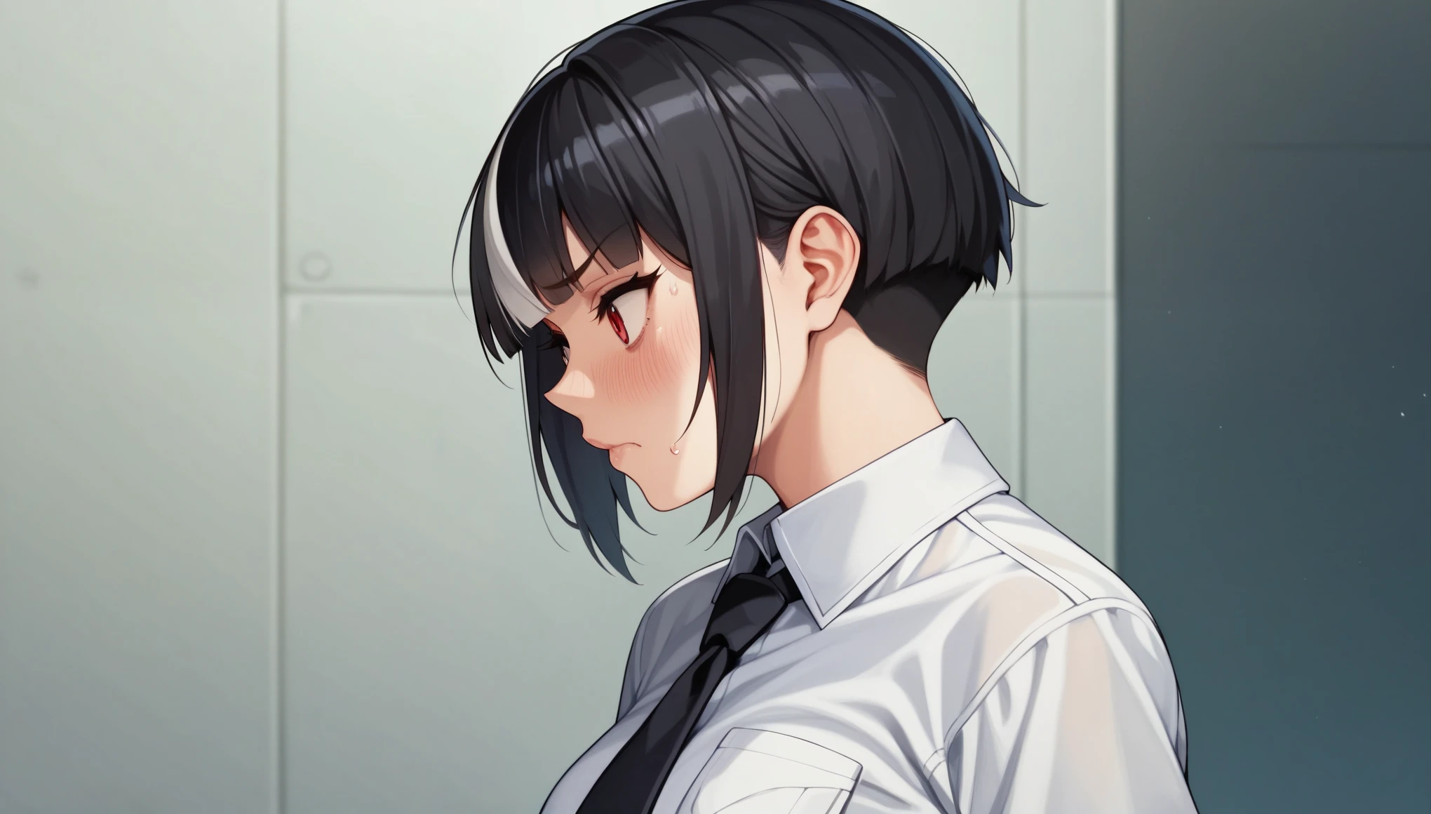 profile、From the side、cyber punk、1girl、black hair, ((highlights hair, silver streaked hair))、blunt bangs、White shirt、Black tie、Pleated skirt、Red Eyes、Korean、Downtown at night、Slam Dunk、Straight Hair、Embarrassed face、