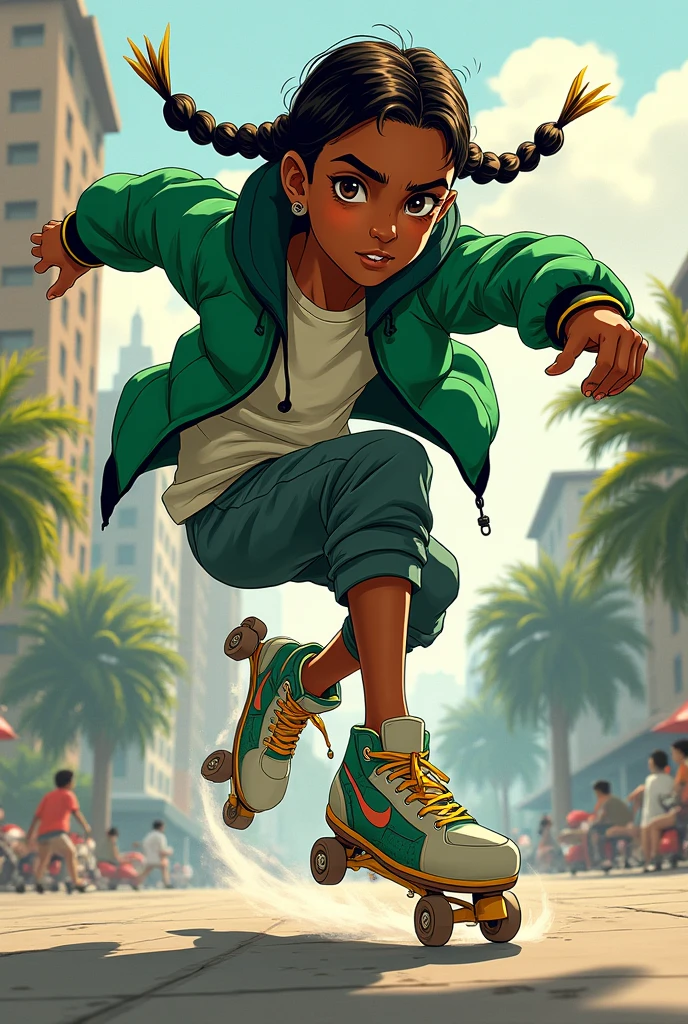 manga character, boy, peau noir, long braided hair, green jacket , roller dancer