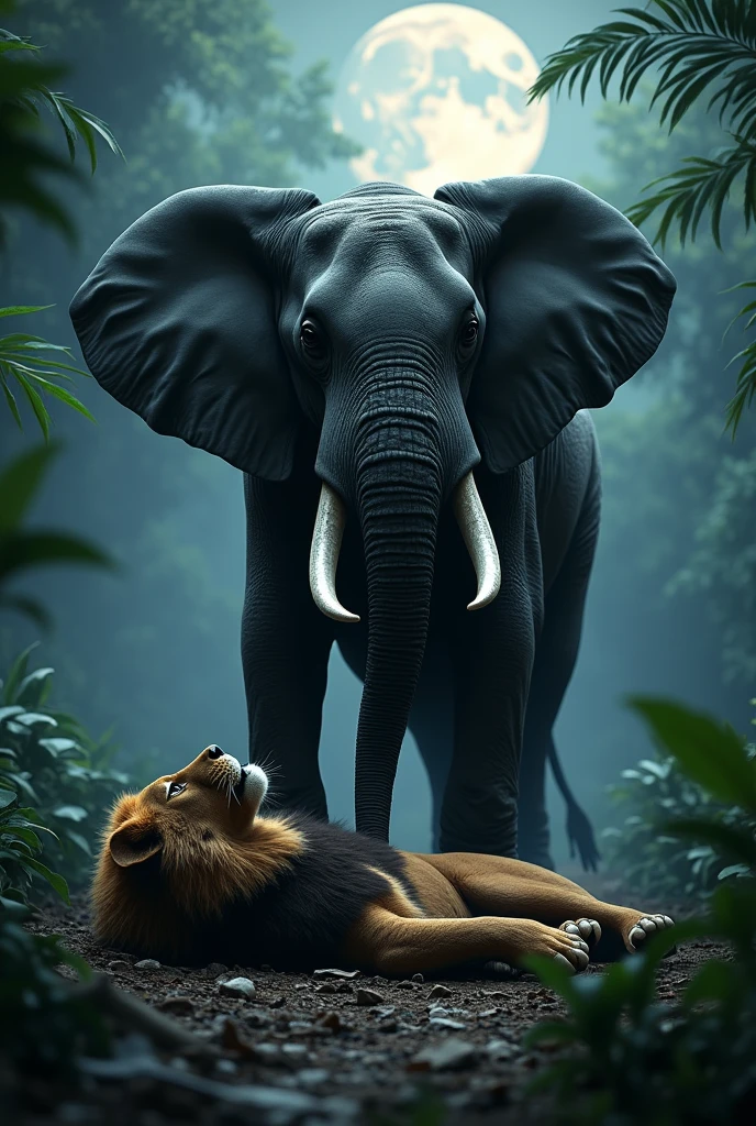 In a moonlit jungle, a lion lies dead on its back with its legs spread open. An elephant stands with one foot on the lion’s stomach and the other foot behind the lion. Both of their faces are facing forward.