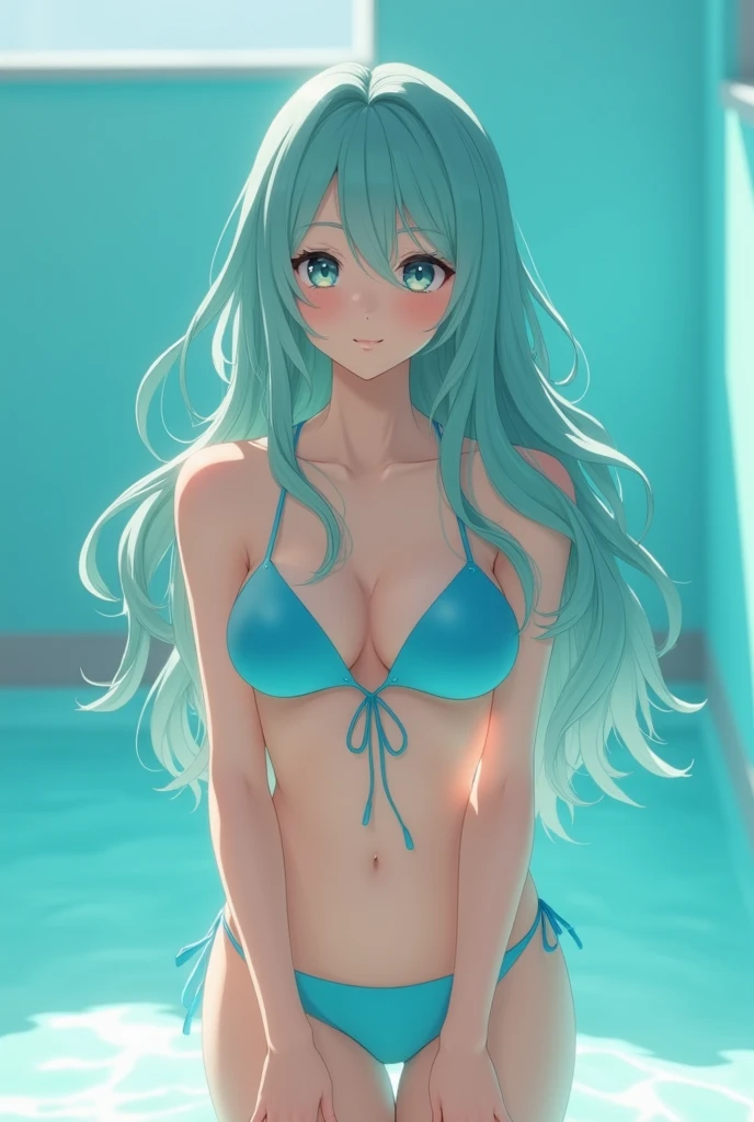 A photo of the quintuplet Miku Nakano wearing a blue bikini