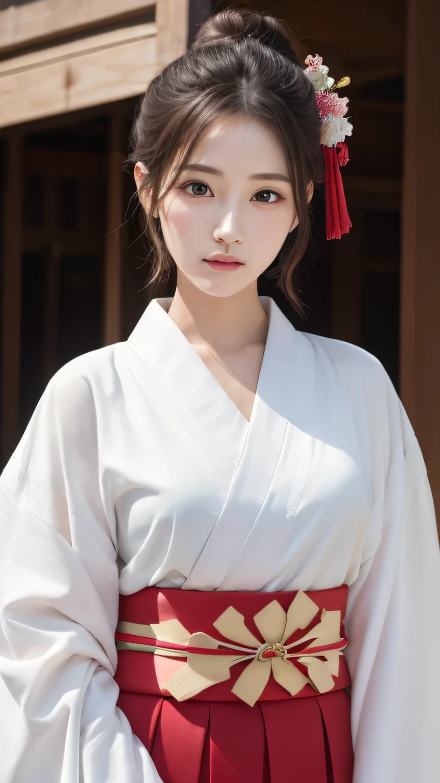 short hair、(Photo realistic:1.4)、(Surreal:1.4)、(Realistic:1.3)、 (Gentle lighting: 1.05)、(Improve the lighting quality of the video:0.9)、32K ...、 One person、20-year-old girl、Photorealistic Lighting、Backlight、Facial Light、Ray-tracing、(bright:1.2)、(Improvement of quality:1.4)、 (Highest Quality Real Texture Skins)、Beautiful Eyes,Delicate and elegant face、 (Tired, sleepy and satisfied : 0.0), Face close-up, White kimono、Red long skirt、Shrine maiden costume : 1.3, ((Closing the collar of a kimono)), Glowing Skin、Korean Idol、Nogizaka Idol、Burning idol pose、Beautiful actress、A proper woman、 whole body
