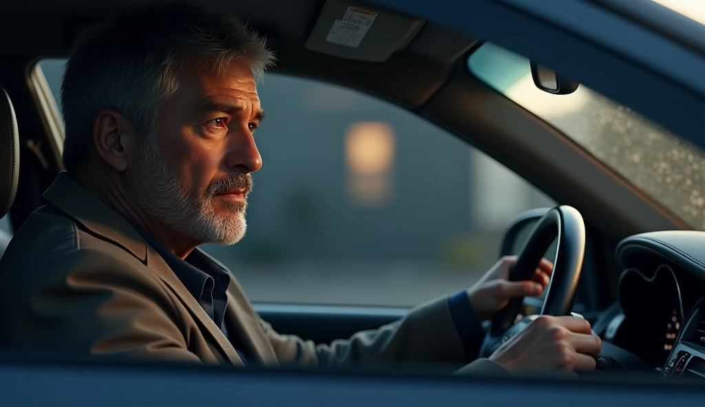 scene of a man sitting inside a car talking