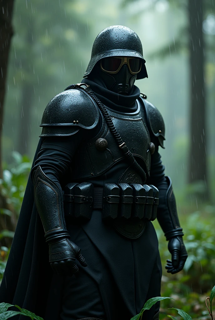 A man dressed in black, Wear a sun visor, The face is completely covered by an iron mask with glasses, Wear the M35 helmet. 

The setting is a beautiful forest, it's raining