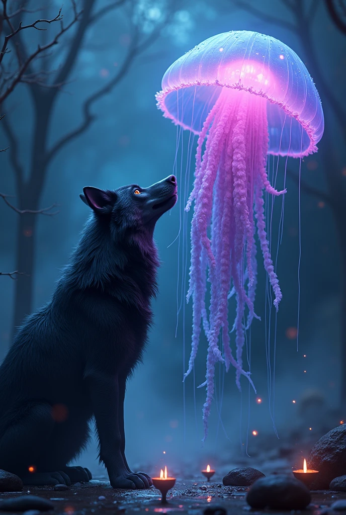 Dark wolf and big blue and purple jellyfish, romance, magie, lights, darkness background, 品質