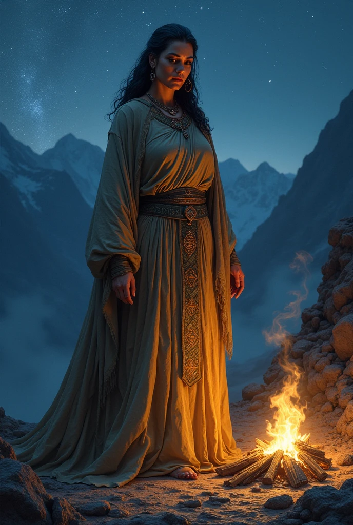 Black magic female healer in the Andes mountains at night