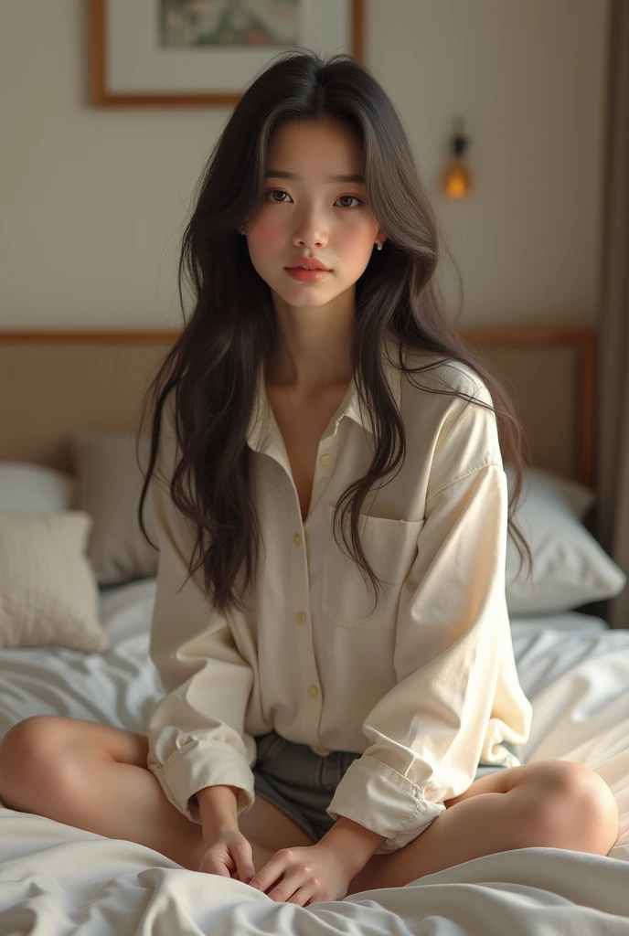 (photorealism:1.2), beautiful girl teen, sitting on bed, wearing a shirt, full body
