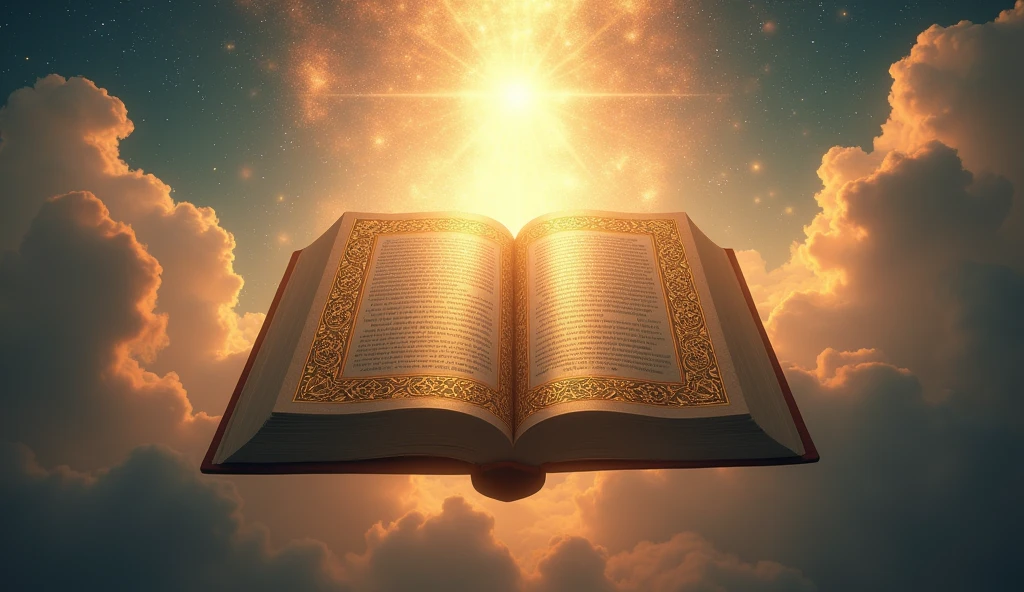 A majestic book of life being written in golden letters by a divine hand from the heavens, symbolizing the authorship of faith, with pages full of light and wisdom. ar 16:9
