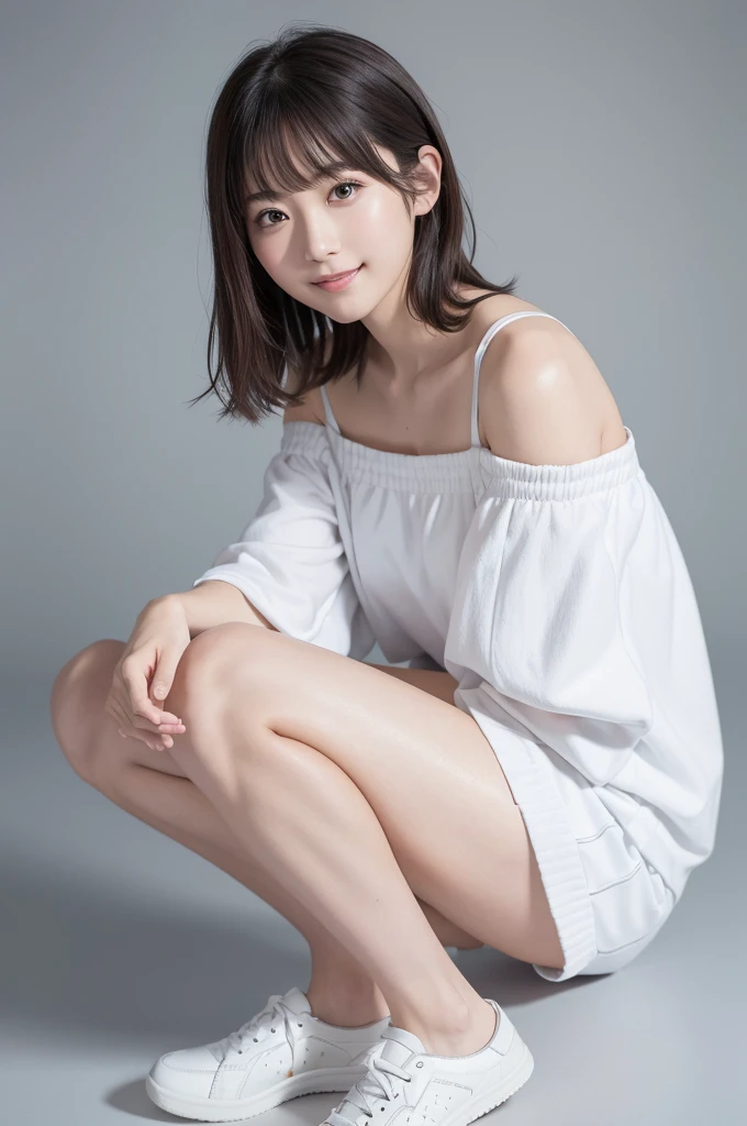 最high quality, figure, Very detailedな, Fine details, High resolution, 8k wallpaper, Perfect dynamic composition, 美しいAttention to detail目, Natural lips,The best texture, high quality, Ultra HD, 8k, whole bodyphotograph, Realistic, Very detailed, Attention to detail, Ultra Clear,Japanese One person alone semi-long Wave cute photograph Real front Whitening older sister looking at the camera Small face Adult-like Moe sleeves Beautiful feet whole body Ultra high definition Off-the-shoulder shirt sneakers mature turn around Beautiful feet Skin Texture Beautiful clear A smile with little exposure