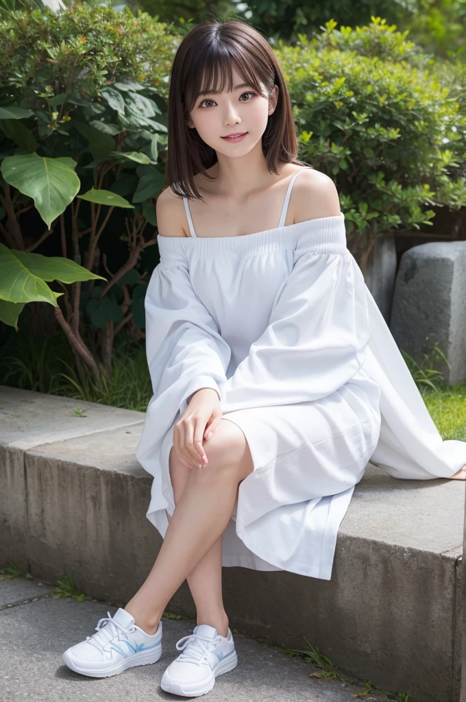 最high quality, figure, Very detailedな, Fine details, High resolution, 8k wallpaper, Perfect dynamic composition, 美しいAttention to detail目, Natural lips,The best texture, high quality, Ultra HD, 8k, whole bodyphotograph, Realistic, Very detailed, Attention to detail, Ultra Clear,Japanese One person alone semi-long Wave cute photograph Real front Whitening older sister looking at the camera Small face Adult-like Moe sleeves Beautiful feet whole body Ultra high definition Off-the-shoulder shirt sneakers turn around Beautiful feet Skin Texture Beautiful clear A smile with little exposure