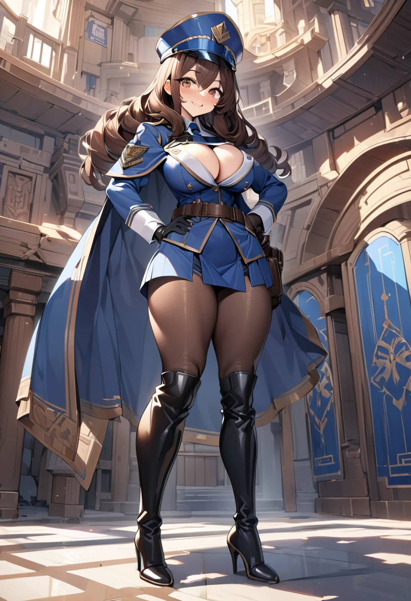 An adventurer guild officer girl, sexy body, big breasts, big hips, cleavage, ((blue officer outfit, black scarf, blue necktie, blue officer cap, short cape, black leather gloves, leather high heels boots, leather belts and pockets, sword on hips)), (dark brown long wavy hairstyle: 1), brown eyes, smiling, (cute expression: 1), beautiful face, detailed face, very detailed, beautiful eyes, high quality, detailed background, high resolution, 8k resolution, ultra high detail, beautiful skin, perfect body, perfect anatomy